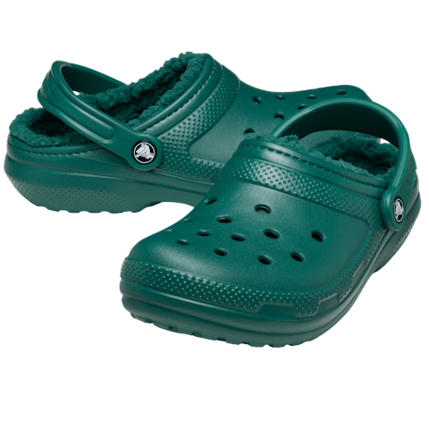 A pair of green clogs with a fuzzy lining and adjustable heel straps, featuring ventilation holes on the top.