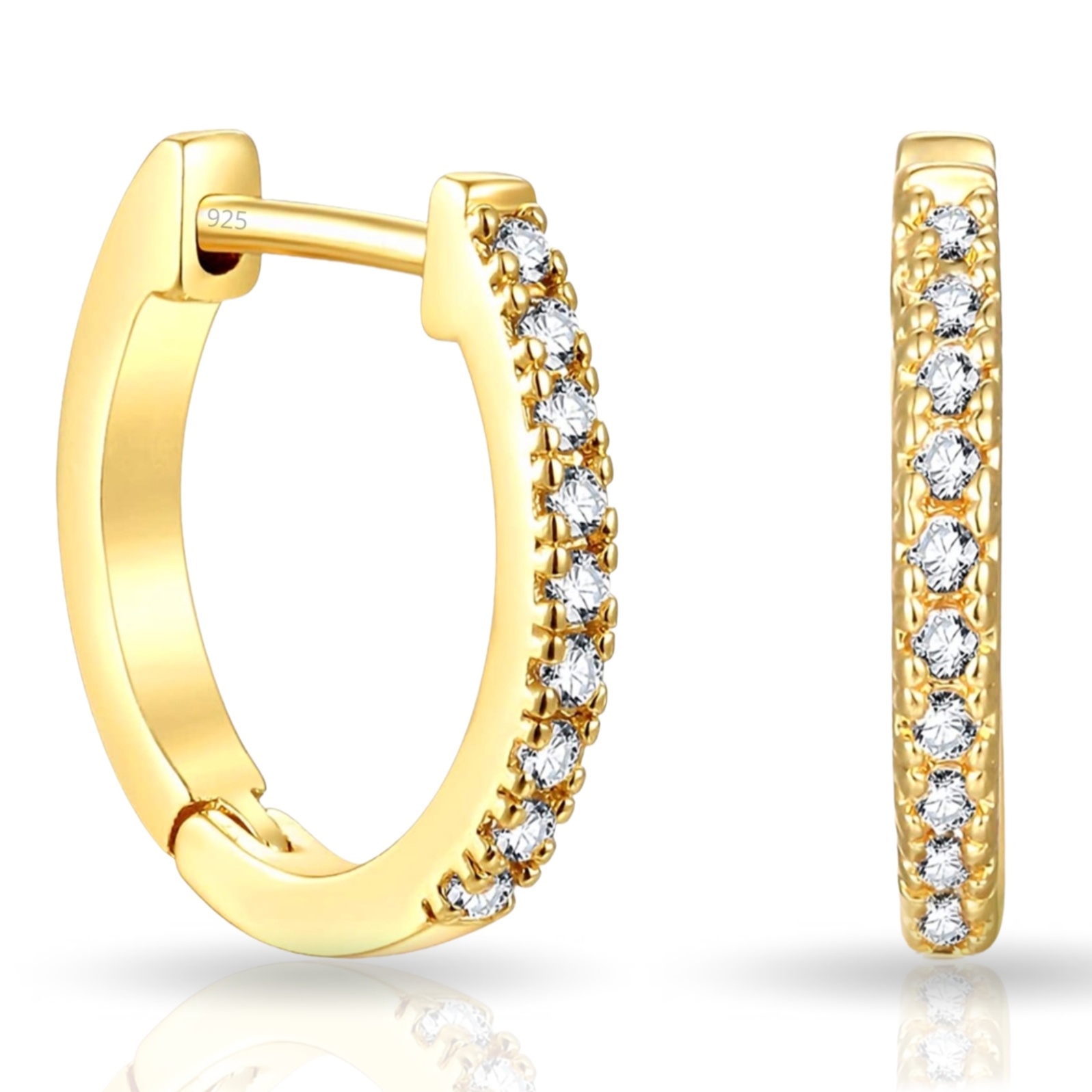 Gold hoop earrings with a hinged clasp, featuring a row of small round white gemstones on the outer side.