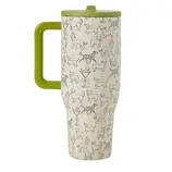 A travel mug with a green lid and handle features a whimsical pattern of various dogs and martini glasses.