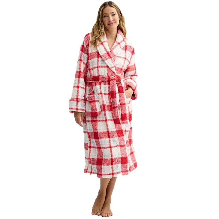 A cozy, long plush robe featuring a red and white checkered pattern with a shawl collar, waist tie, and two front pockets.