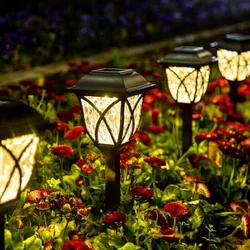 Garden pathway lights illuminate red flowers, creating a warm and inviting atmosphere.