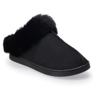 Black slippers with a soft, fluffy faux fur collar and a smooth, closed-toe design. They feature a flat sole for indoor comfort.