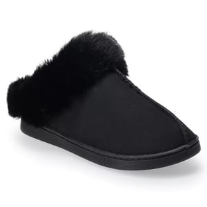 Black slippers with a soft, fluffy faux fur collar and a smooth, closed-toe design. They feature a flat sole for indoor comfort.