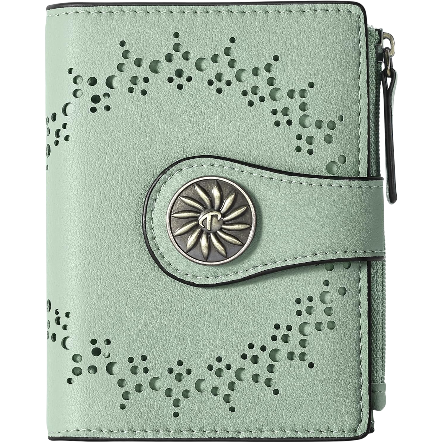 A green wallet with decorative perforations and a floral metal button on the front. It features a zippered section on the side.