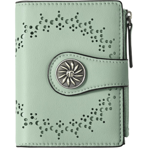 A green wallet with decorative perforations and a floral metal button on the front. It features a zippered section on the side.