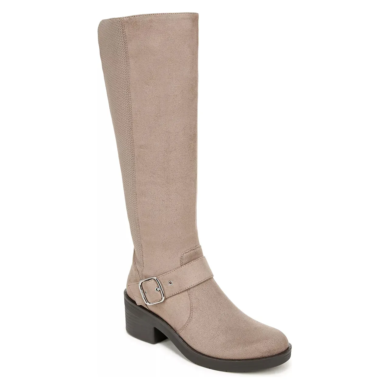 A taupe knee-high boot with a low block heel, side buckle accent, and a subtle textured panel along the back.