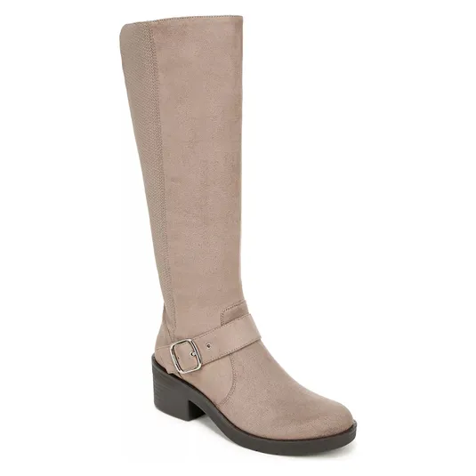A taupe knee-high boot with a low block heel, side buckle accent, and a subtle textured panel along the back.