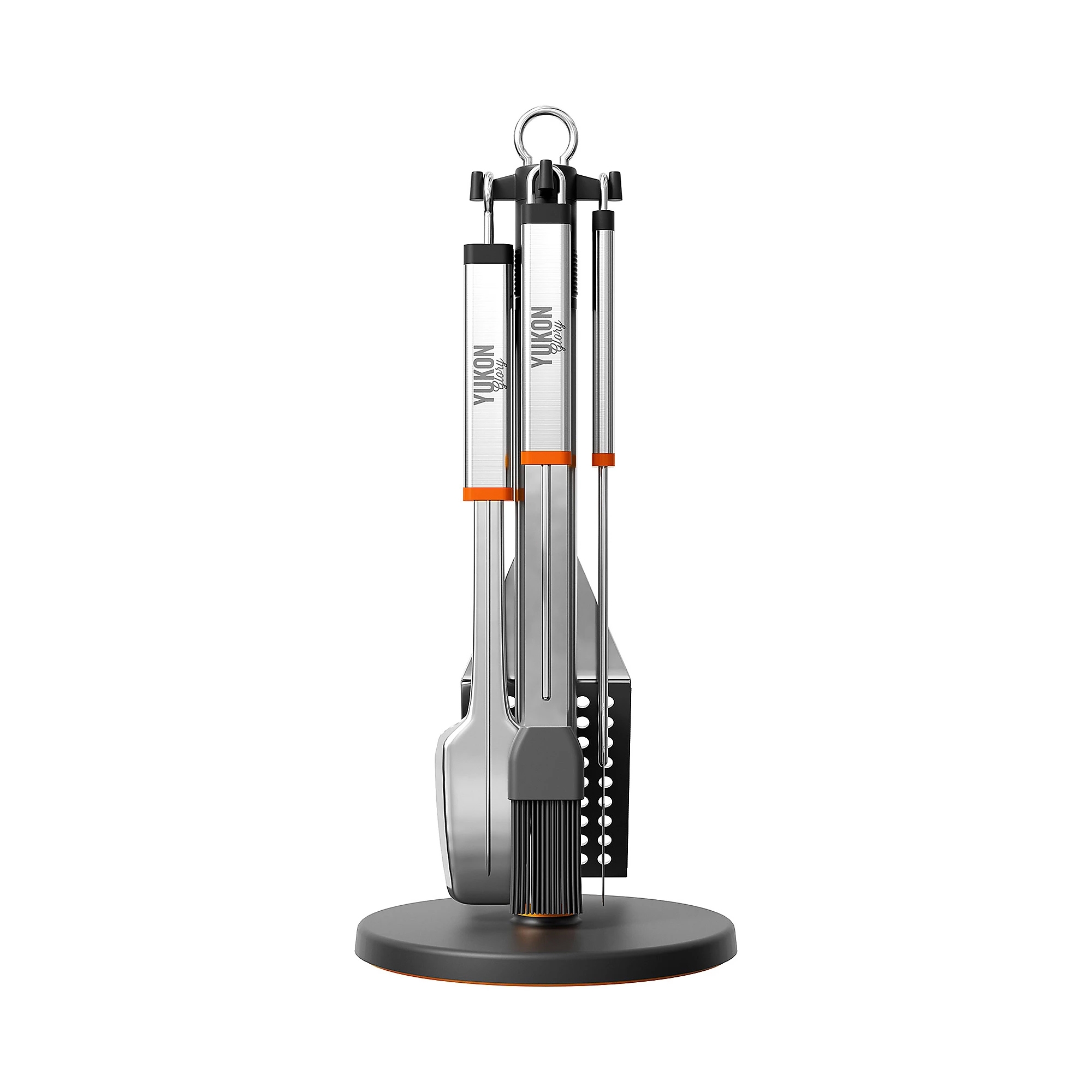 Stainless steel rotating grill tool stand with four tools: a basting brush, fork, spatula, and tongs, featuring orange accents and a circular base for easy access.