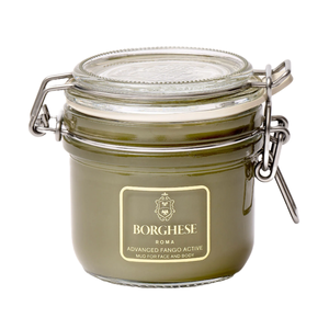 Borghese Advanced Fango Active Mud for face and body in a glass jar with a clasp lid.