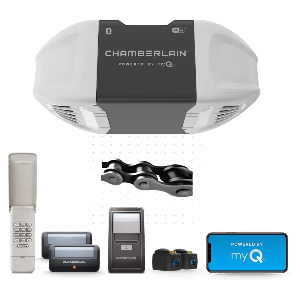Chamberlain garage door opener system includes a chain drive opener, keypad, remotes, wall control, safety sensors, and MyQ smartphone control.