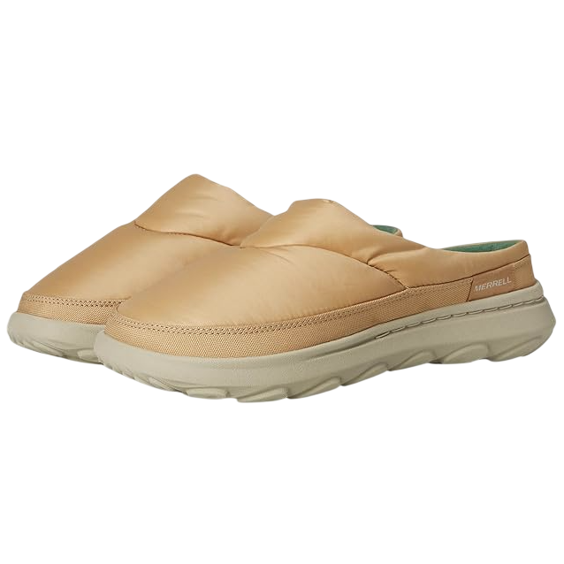 A pair of tan slip-on shoes with a cushioned design and sturdy sole, featuring branding on the side.