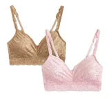 A set of lace sweetheart bralettes, featuring one in tan and another in light pink, both with adjustable straps and floral lace detailing.