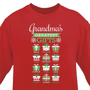 Red sweatshirt with \“Grandma's Greatest Gifts\“ in white and green letters, featuring twelve colorful gift icons with names like Bella, Nickolas, and Evan beneath each.