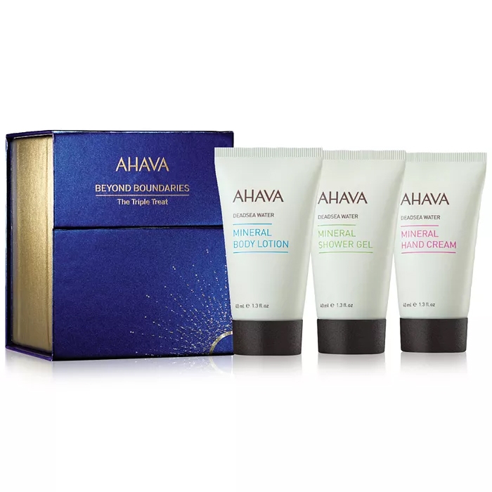 The Ahava Triple Treat Skincare Set includes three 1.3 fl. oz. tubes: Mineral Body Lotion, Mineral Shower Gel, and Mineral Hand Cream, featuring Dead Sea water for hydration and nourishment.