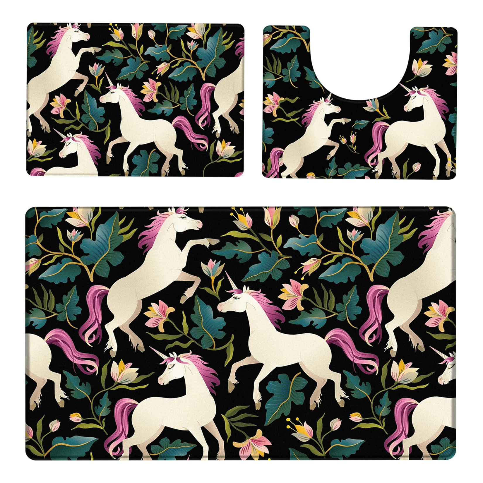 Three kitchen mats with a unicorn and floral pattern on a black background.