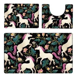 Three kitchen mats with a unicorn and floral pattern on a black background.