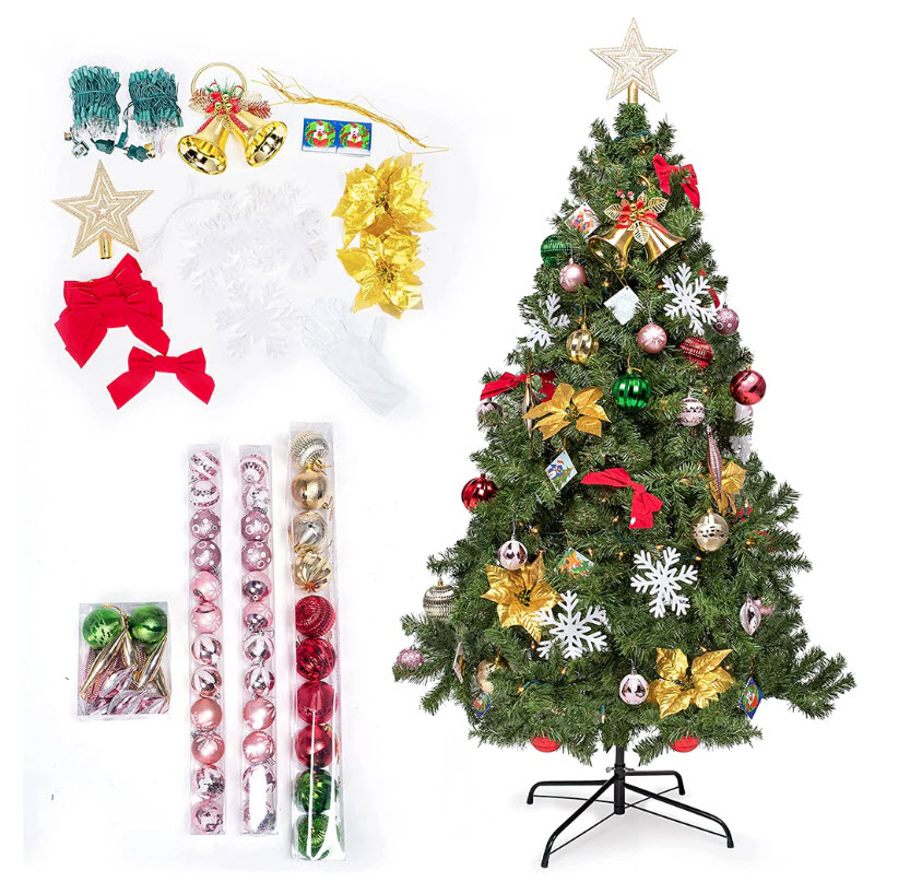 Artificial Christmas tree with decorations including stars, bells, snowflakes, bows, and various colored ornaments in gold, red, green, and pink.