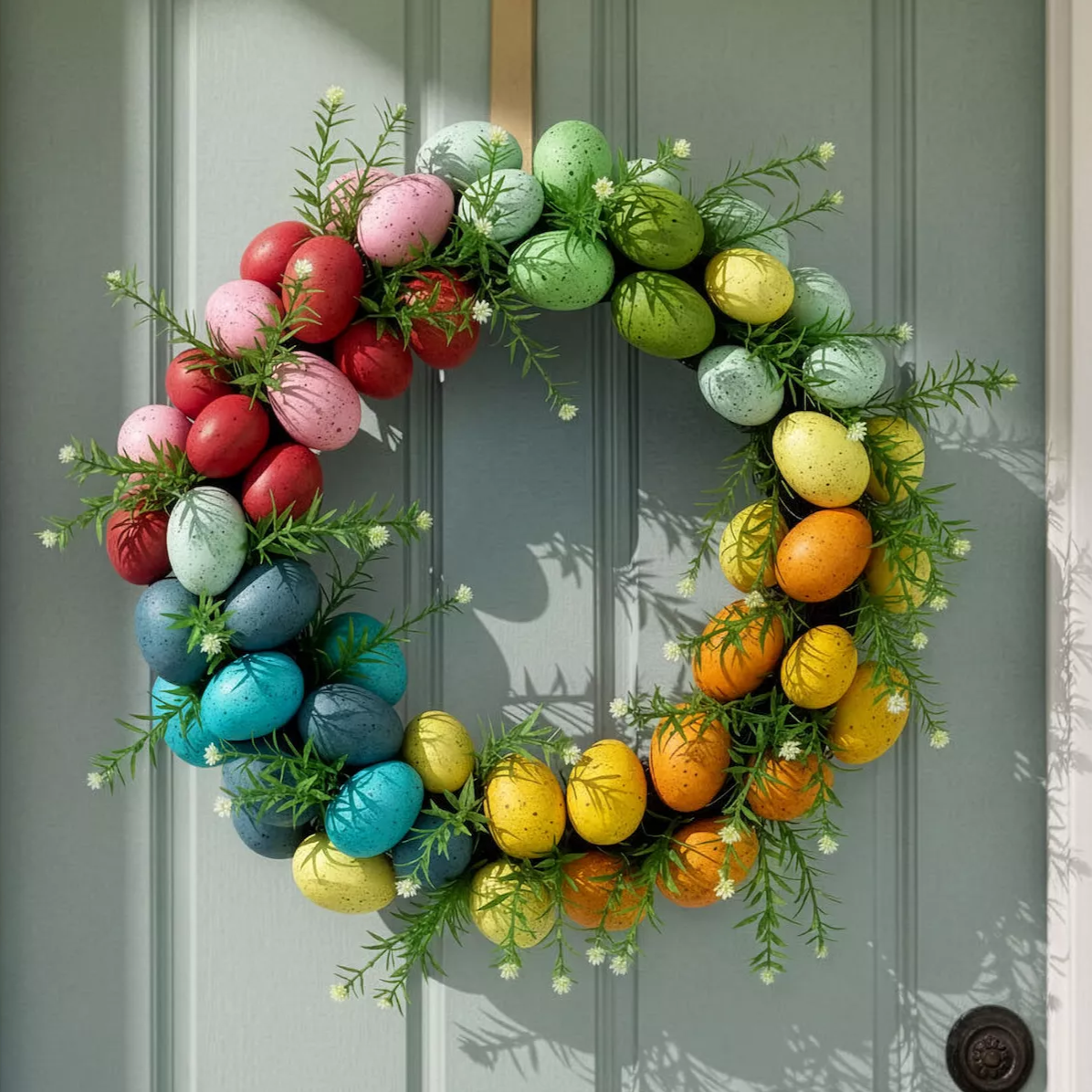 Colorful egg wreath with artificial greenery hung on a light blue door.