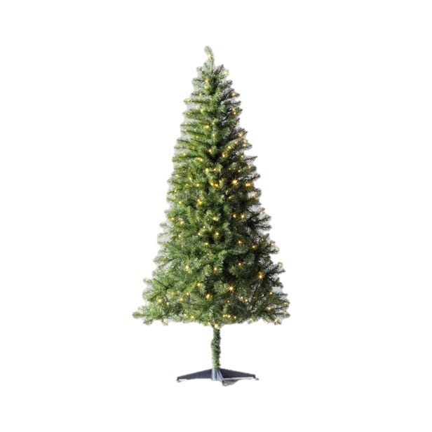 Artificial Christmas tree with a slim profile, featuring built-in lights and a sturdy stand.