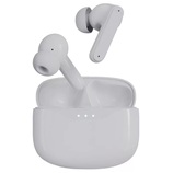 Wireless earbuds with silicone ear tips and a charging case, featuring three small indicator lights on the front.