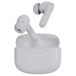 Wireless earbuds with silicone ear tips and a charging case, featuring three small indicator lights on the front.