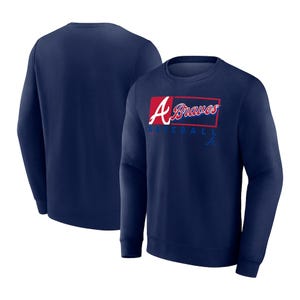 A navy blue MLB Atlanta Braves pullover featuring a prominent \“A Braves\“ logo on the front, with the word \“Baseball\“ underneath in blue. The design includes a red rectangular background behind the logo, and the back is plain.