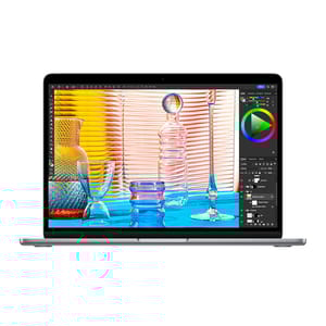 A laptop displaying a graphic design software interface with vibrant glass artwork.