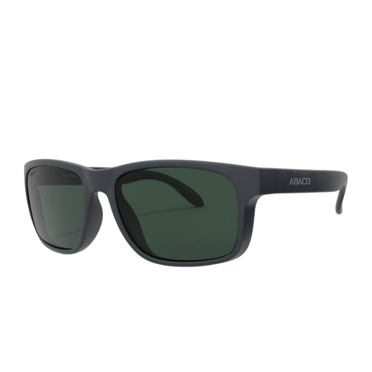 Sunglasses with a black frame and dark lenses, featuring the brand name \“ABACO\“ on the temple.