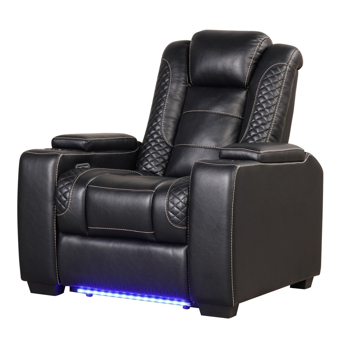 A black leather recliner chair with quilted accents and visible stitching, featuring built-in armrest controls and blue LED lighting underneath.