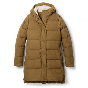 The REI Norseland Down Parka is a brown, insulated winter coat with a hood and quilted design, featuring snap and zip closures for warmth.