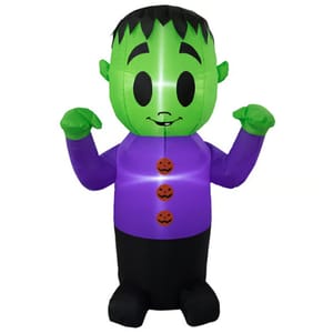 Inflatable green figure with black hair wearing a purple shirt with pumpkin buttons and black pants, arms raised.