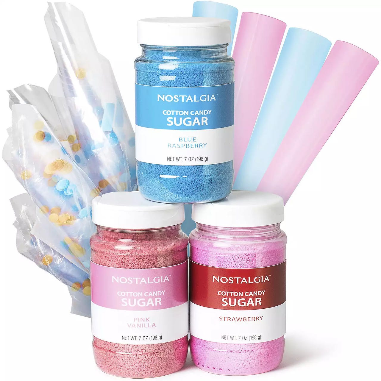 Three jars of cotton candy sugar in blue raspberry, pink vanilla, and strawberry flavors, accompanied by a set of six cotton candy cones, are displayed.