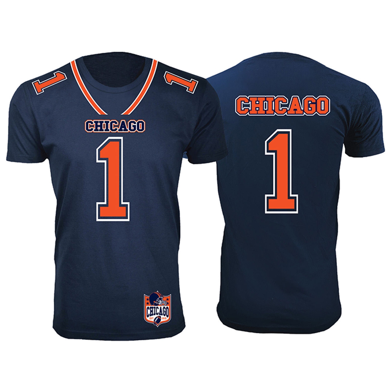Front and back view of a blue sports t-shirt with orange trim, featuring the number 1 and the word \“CHICAGO\“.
