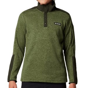 Green Columbia Sweater Weather Pullover with two button closures, featuring a textured fabric and dark green patches on the arms and shoulders.