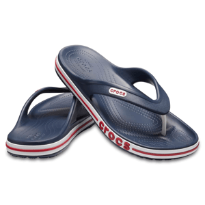 Blue Crocs flip-flops with red and white detailing, featuring the Crocs logo on the strap and side of the sole.