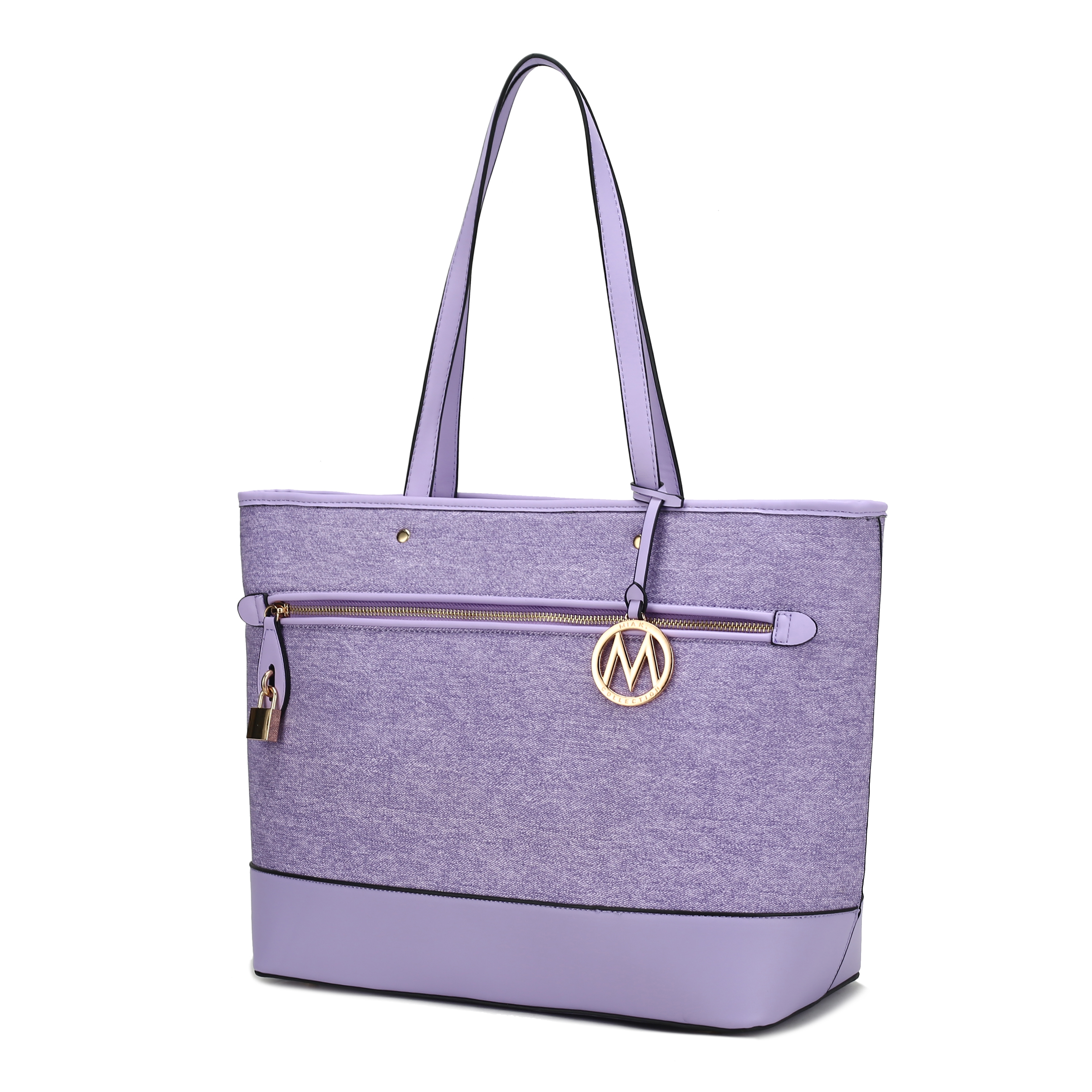 A lavender tote bag with two long handles, featuring a front zip pocket with a gold circular emblem attached.