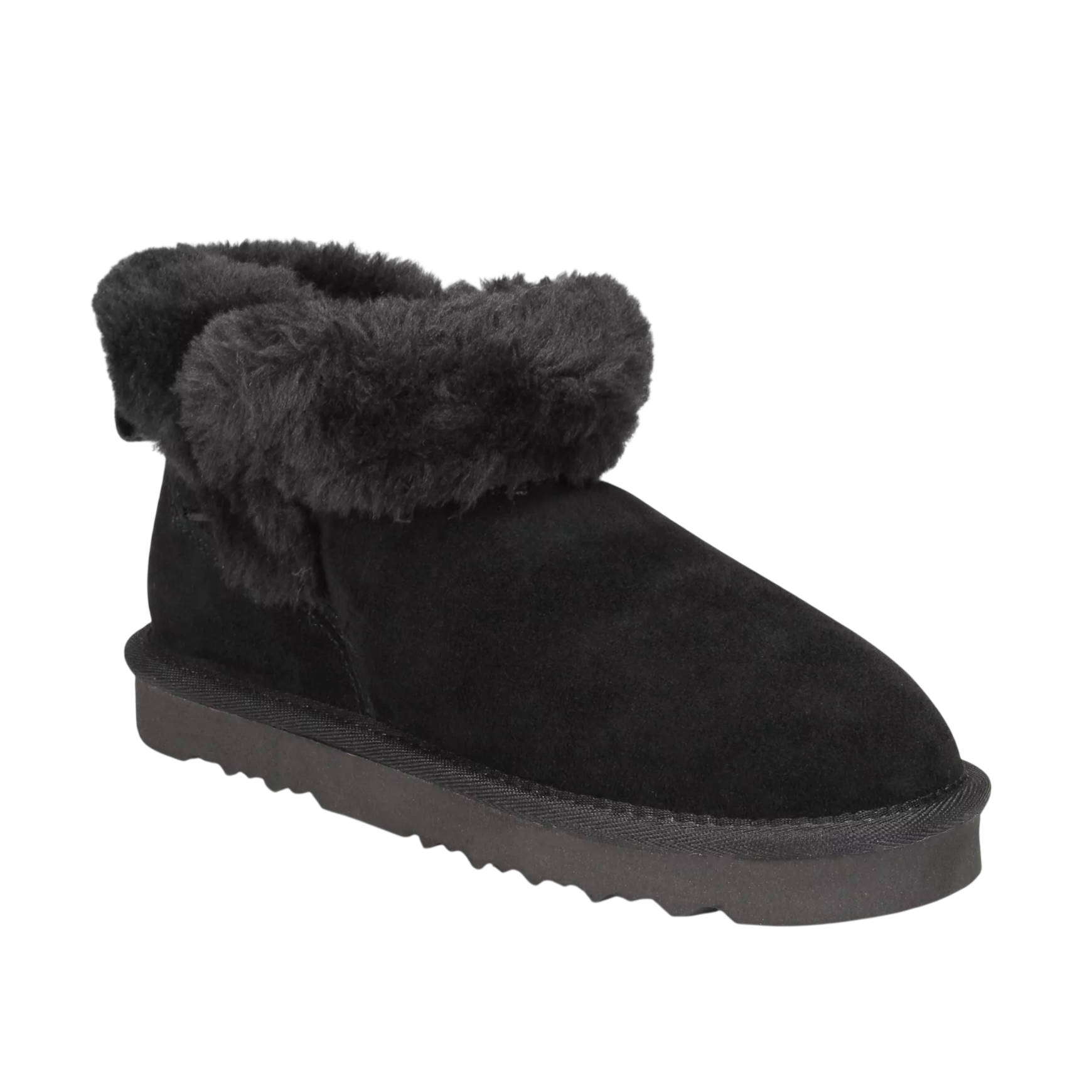 A black suede slipper with a fur-lined collar and a flat rubber sole, designed for comfort and warmth.