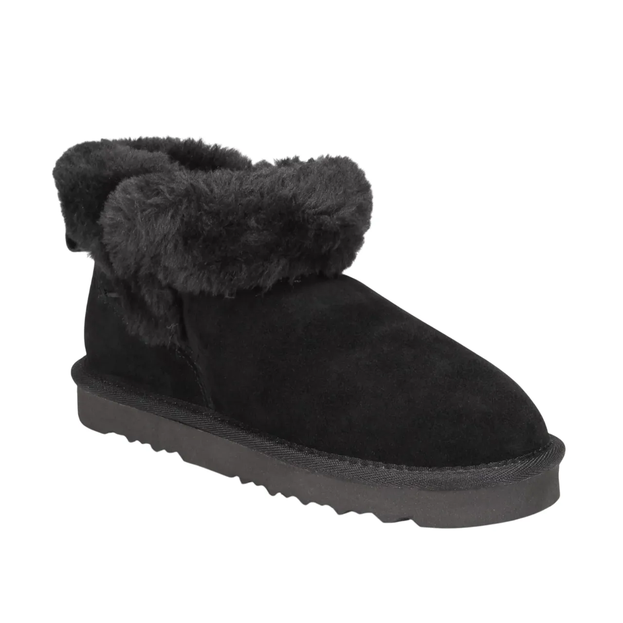 A black suede slipper with a fur-lined collar and a flat rubber sole, designed for comfort and warmth.