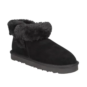 A black suede slipper with a fur-lined collar and a flat rubber sole, designed for comfort and warmth.