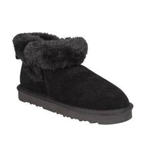 A black suede slipper with a fur-lined collar and a flat rubber sole, designed for comfort and warmth.