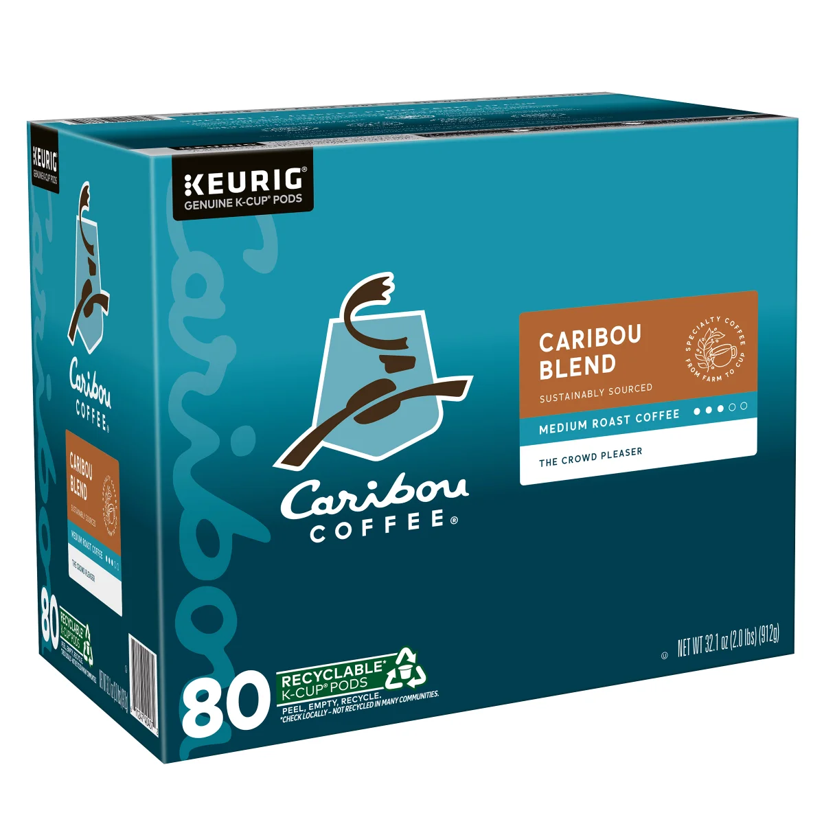 80-count box of Caribou Coffee K-Cup Pods, featuring a medium roast blend, sustainably sourced. Includes recyclable pods and a \“crowd pleaser\“ label, designed for use with Keurig coffee makers.