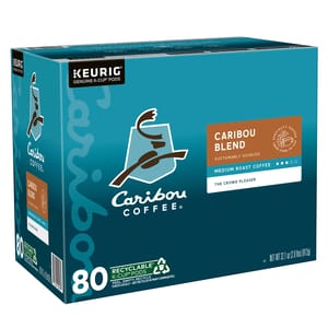 80-count box of Caribou Coffee K-Cup Pods, featuring a medium roast blend, sustainably sourced. Includes recyclable pods and a \“crowd pleaser\“ label, designed for use with Keurig coffee makers.
