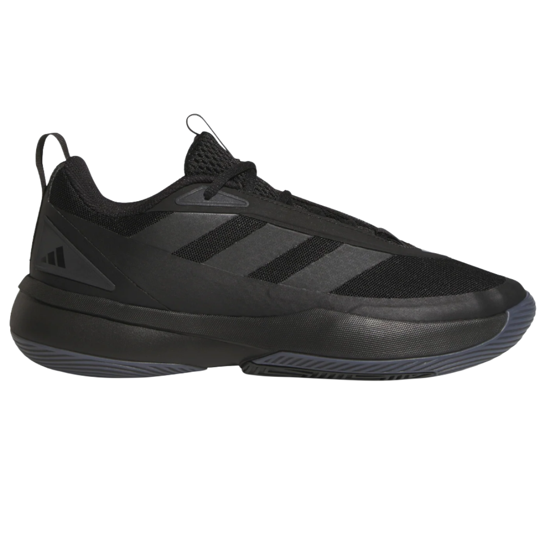 Black low-top sneaker featuring a sleek design with subtle texturing and a pull tab at the heel.