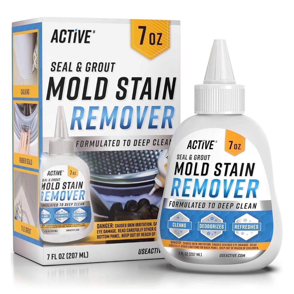 Active 7 oz Seal & Grout Mold Stain Remover designed for deep cleaning of caulking, rubber seals, and tile grout. Cleans, deodorizes, and refreshes, with warnings for skin and eye irritation.
