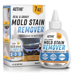 Active 7 oz Seal & Grout Mold Stain Remover designed for deep cleaning of caulking, rubber seals, and tile grout. Cleans, deodorizes, and refreshes, with warnings for skin and eye irritation.