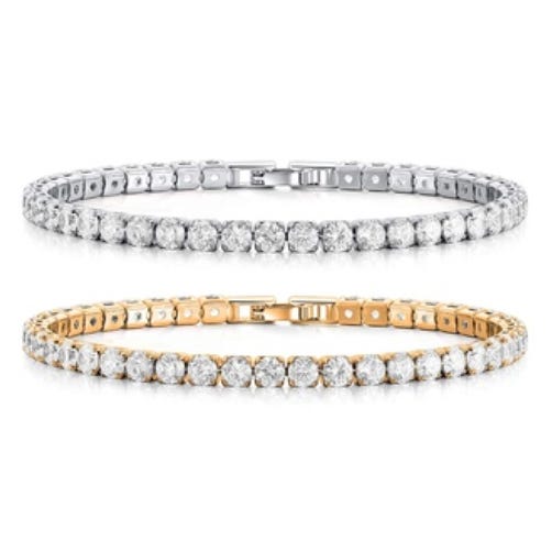 Two tennis bracelets, one with a silver setting and the other with a gold setting, both featuring a row of sparkling clear stones.