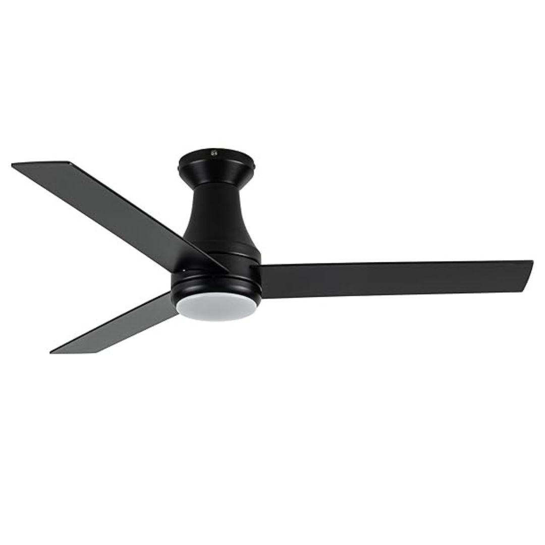 Modern black ceiling fan with three blades and an integrated light fixture.