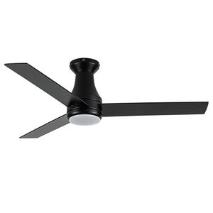 Modern black ceiling fan with three blades and an integrated light fixture.