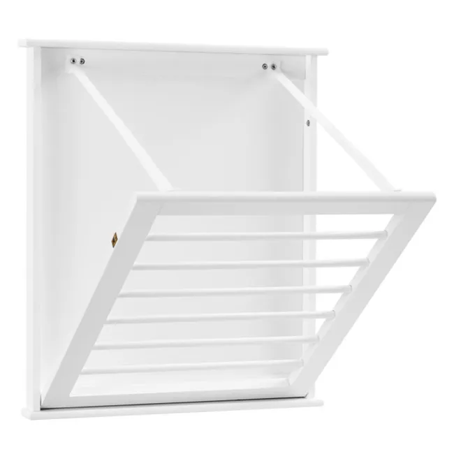 Wall-mounted foldable drying rack with multiple horizontal bars for hanging clothes.