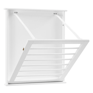 Wall-mounted foldable drying rack with multiple horizontal bars for hanging clothes.